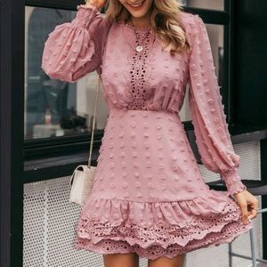 Simple Swiss Dot Bishop Sleeve Guipure Lace trim dress